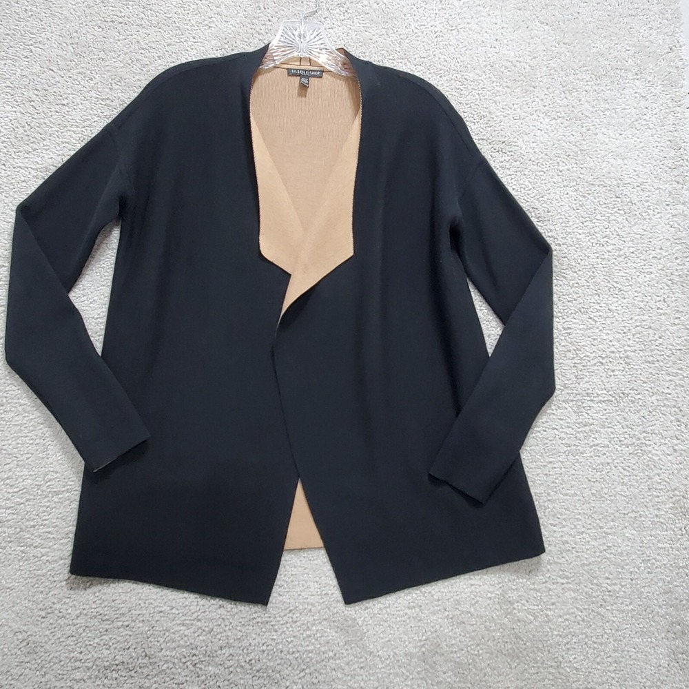 Eileen Fisher Sweater Womens PP Black Silk Blend Cardigan Open Front Long Sleeve